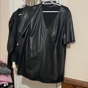 Marc New York Black V-Neck Faux Leather Blouse